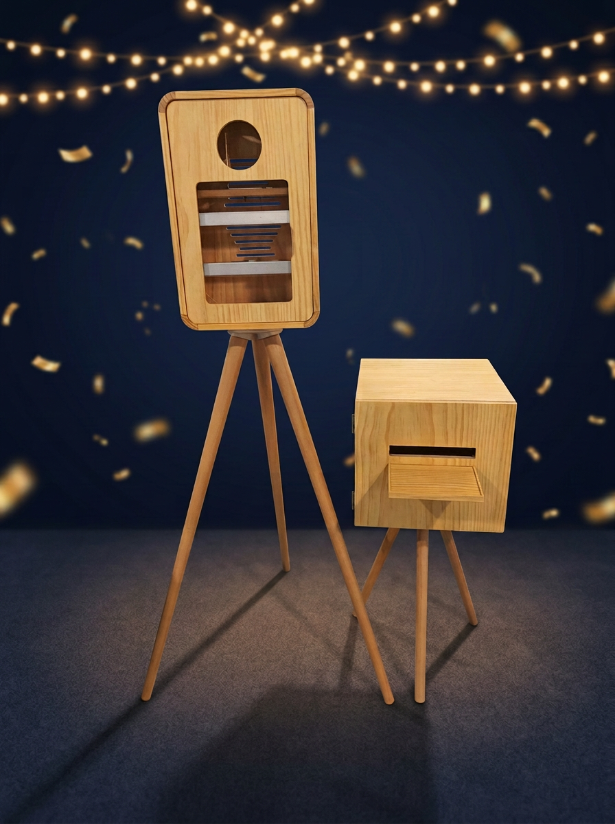 Houten Fotobooth Events fotobooth met gouden lichtjes op een feestelijke achtergrond